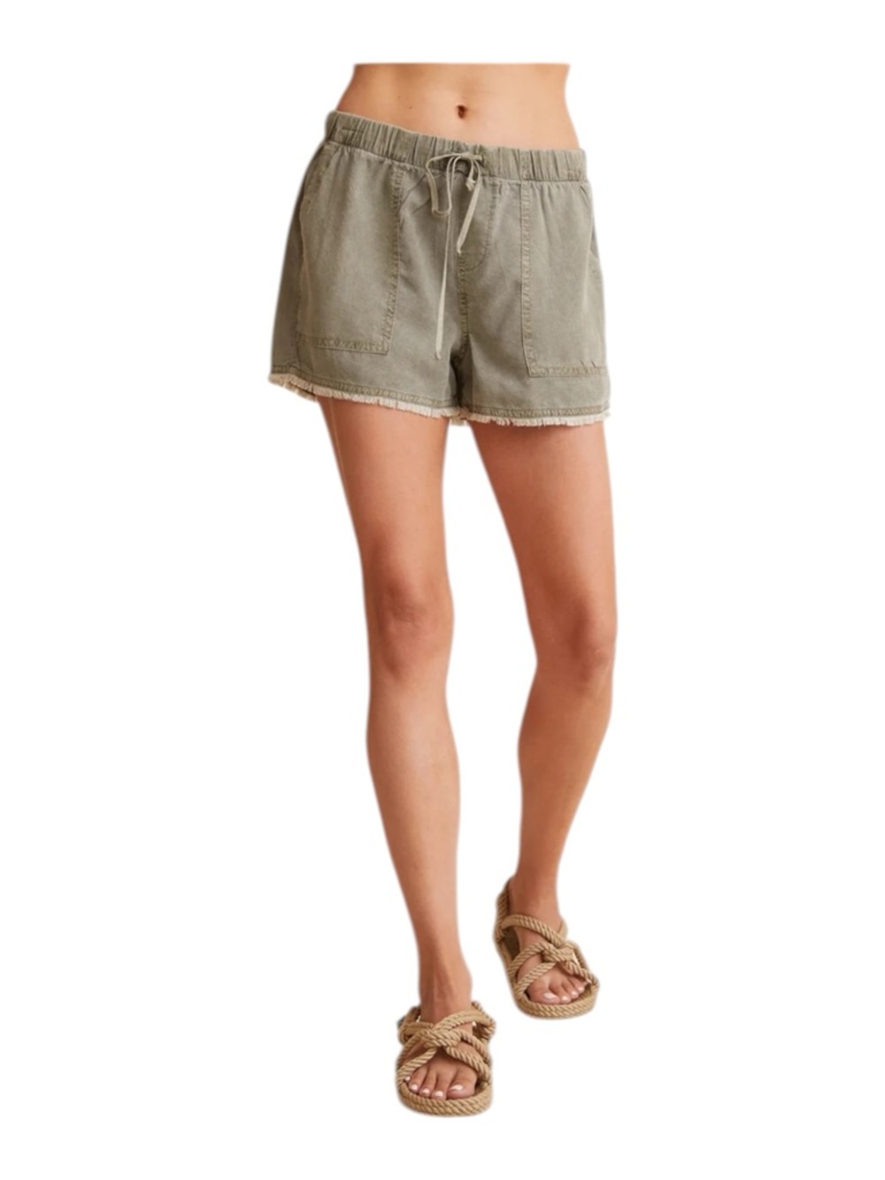Bella Dahl Shorts Elastic Waist Drawstring Frayed Hem Sage Green Boho Coastal XS